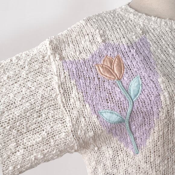 Vintage 80s Coquette Embroidered Sweater Pastel Cottagecore Grandmacore Knit M - Picture 4 of 10